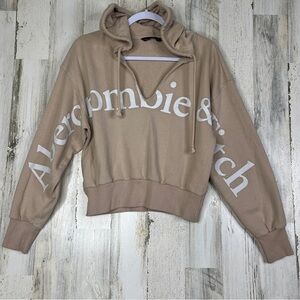 Abercrombie & Fitch Drawstring Y2K Cropped Logo Sweatshirt Hoodie Beige Womens S